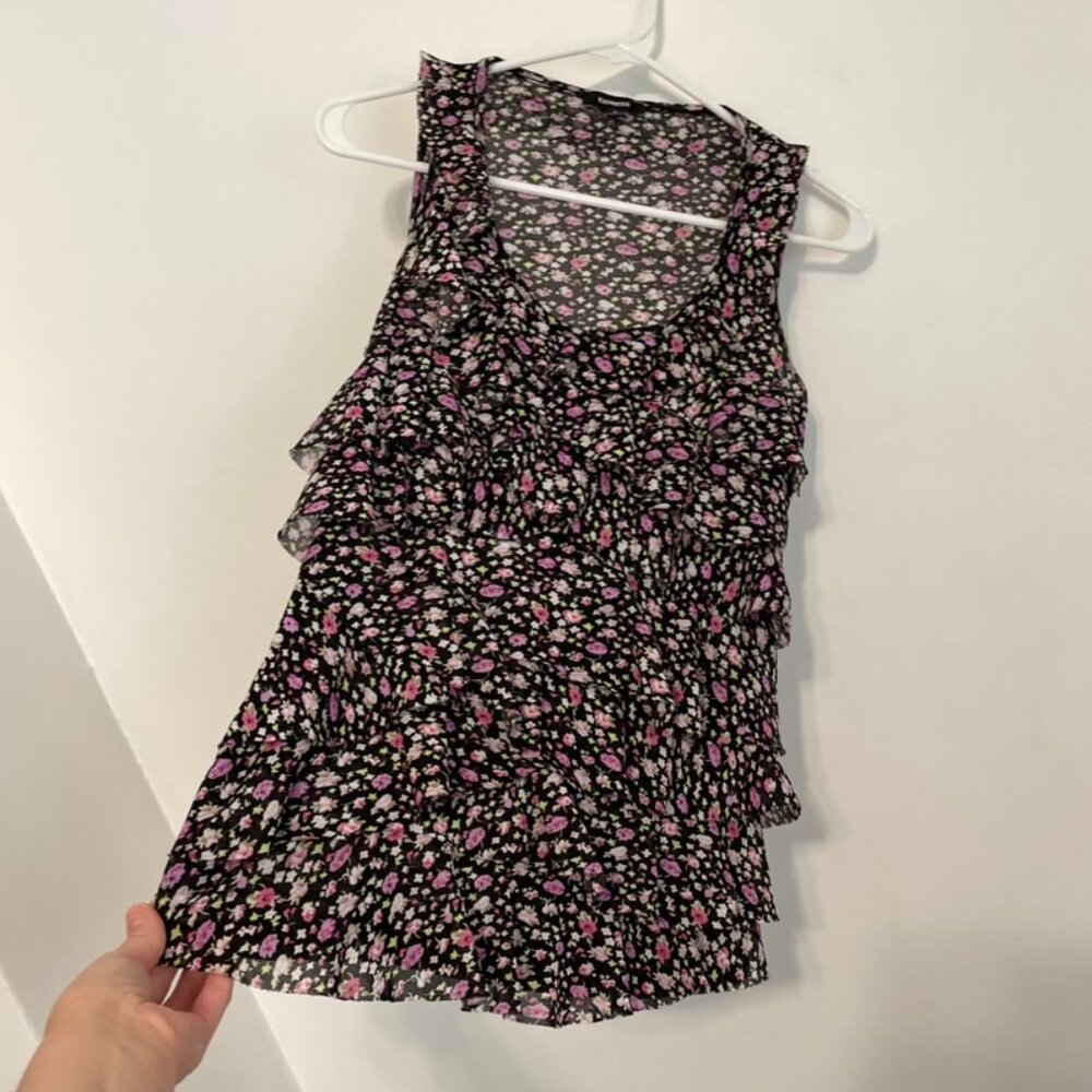 EXPRESS Black Purple Floral Mesh Tiered Ruffle Sleeveless Y2K Tank Blouse Top S - Picture 7 of 12